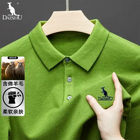 【精纺绵羊毛】袋鼠春秋长袖针织Polo衫男士轻奢刺绣针织衫毛线衣图片