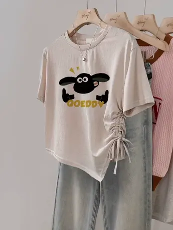 辣妹风抽绳收腰女装上衣复古chic百搭印花T恤夏ins潮显瘦正肩短袖商品大图