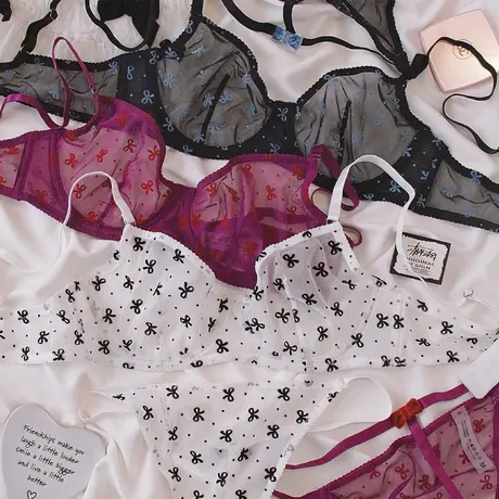 少女情诗~法式蝴蝶结网纱低腰文胸套装性感内衣图片