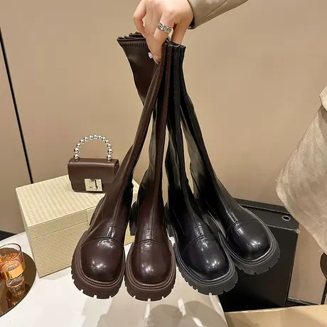 不过膝长靴女2023秋季新款长筒弹力瘦瘦靴后拉链显瘦高筒骑士靴商品大图