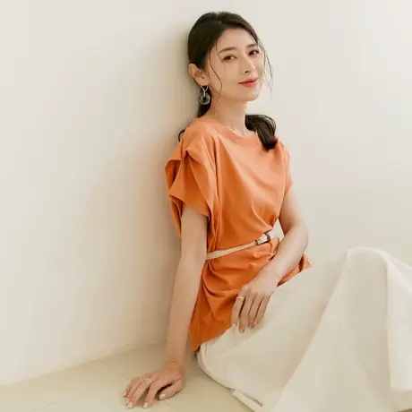 桔熊夏季舒适气质t恤小心机落肩短袖圆领纯色上衣女装大码AB18325图片