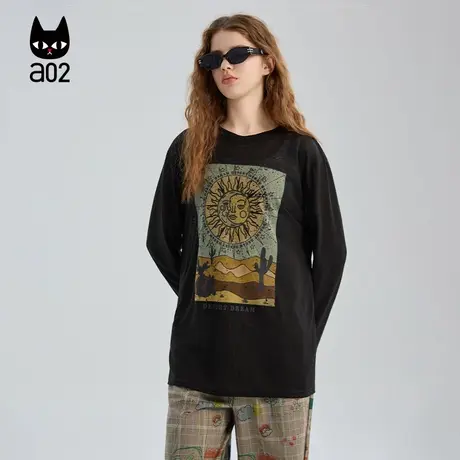 a02黑猫系列宽松圆领长袖T恤女2025新款秋季叠穿打底衫设计感上衣图片