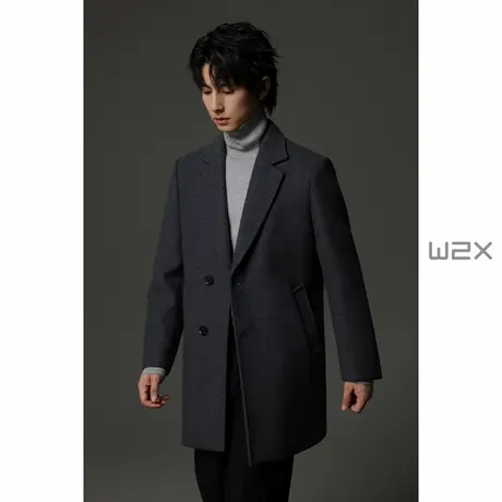 w2x秋冬季870g重磅平驳领垫肩羊毛呢子大衣中长款高级感风衣外套图片