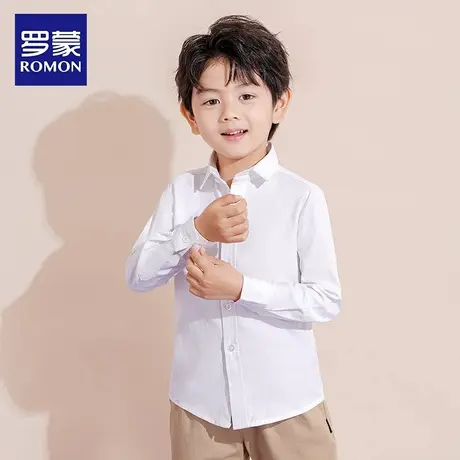 罗蒙童装2024新款春秋装男童长袖衬衫纯格子磨毛中大童棉白色衬衣商品大图