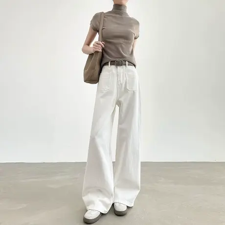 白色复古港风宽松直筒牛仔裤女2025年新款春秋高腰垂感拖地阔腿裤图片