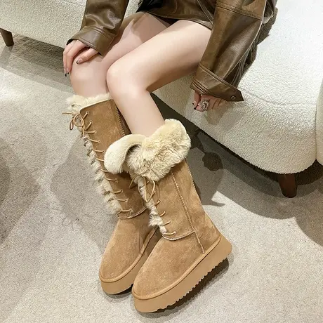 时髦加绒加厚长筒雪地靴女高筒2025新款厚底防滑东北棉鞋保暖靴子商品大图