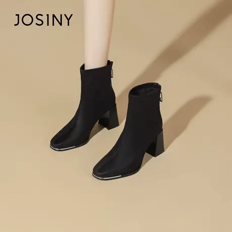 卓诗尼2025秋冬新款粗跟短筒靴时尚舒适女靴潮流百搭后拉链时装靴图片