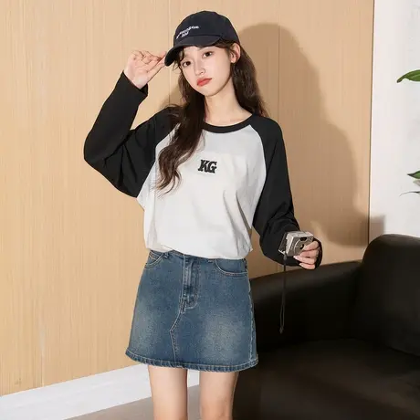 唐狮秋季新款女长袖T恤撞色插肩袖圆领宽松百搭高级感上衣TM商品大图