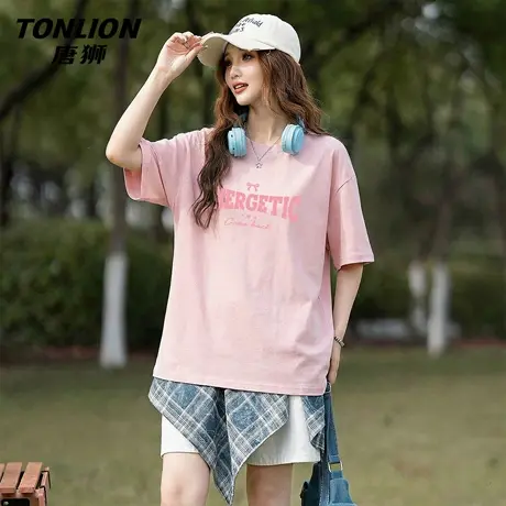 唐狮官方粉色短袖t恤女2026新款夏季女士宽松显瘦纯棉内搭上衣VB图片