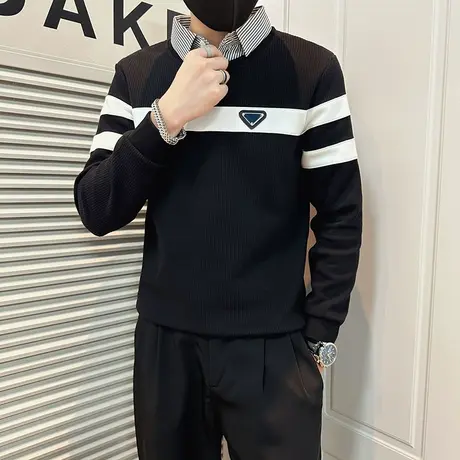 秋季衬衫领假两件卫衣男条纹小众条纹拼色肌理感潮流打底上衣体恤商品大图