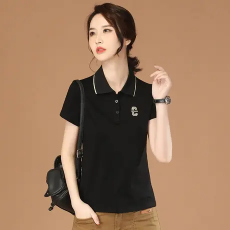 韩潮袭人刺绣黑色短袖t恤女2023夏季新款休闲POLO衫正肩体恤上衣图片