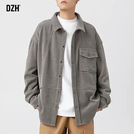 男士痞帅休闲外套男春秋潮牌男装2023新款灰色长袖衬衫设计感高级商品大图