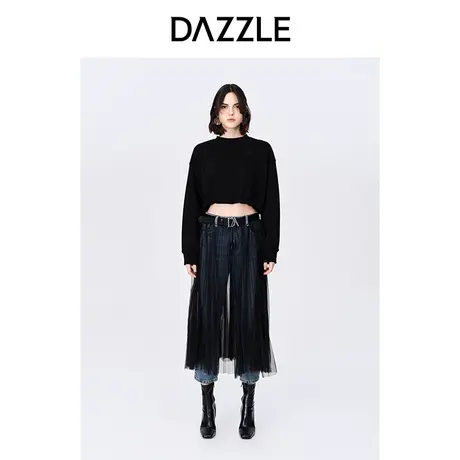 DAZZLE地素奥莱秋通勤黑色简约套头短款抽绳加绒卫衣内搭上衣女图片