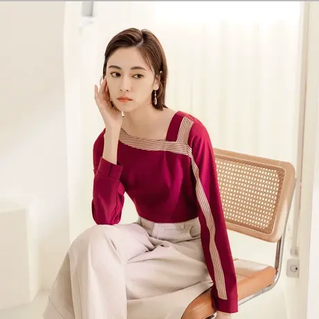 桔熊春秋季通勤修身不对称斜领条纹拼接长袖上衣女装大码AB16551图片