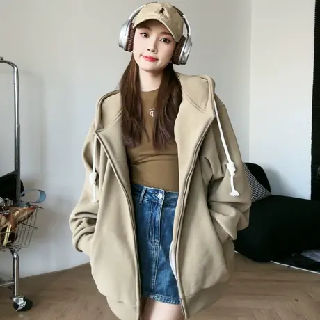 尔给百搭中长款连帽今年流行的漂亮摇粒绒外套女秋冬2023新款加厚商品大图