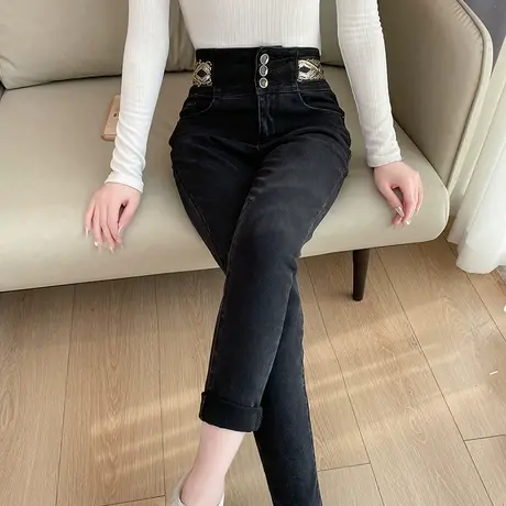 加绒加厚高腰牛仔裤女冬季新款修身显瘦高弹魔术小黑裤小脚铅笔裤商品大图