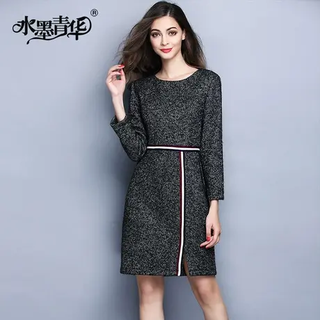 【1件7.9折】春装新品优雅通勤一步裙时尚修身长袖毛呢连衣裙春图片