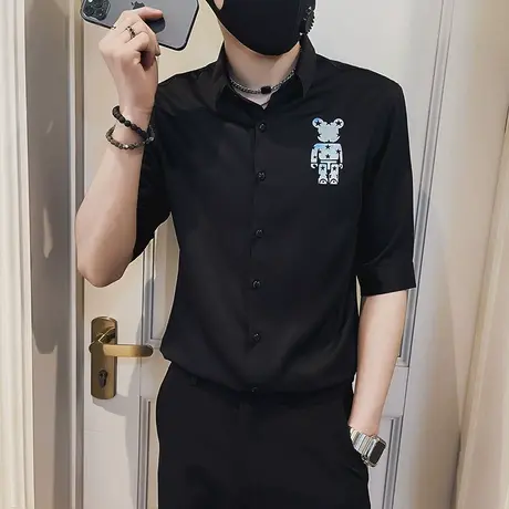 夏季男士短袖衬衫时尚纯色修身中袖七分袖刺绣潮流休闲帅气衬衣商品大图