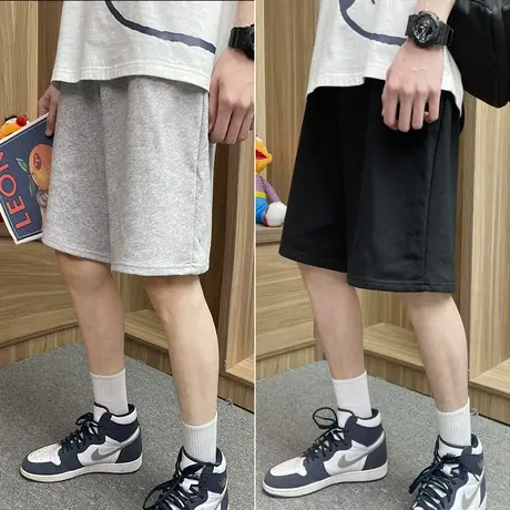 港风潮流基础款纯色短裤男夏季宽松工装休闲五分裤沙滩直筒运动裤商品大图