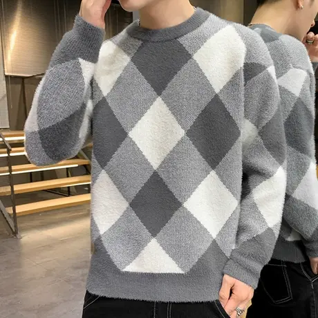 半高领水貂绒羊毛衣男士加绒加厚款打底衫青少年冬季保暖线衣潮流商品大图