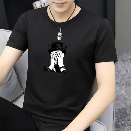 莫代尔黑色t恤男短袖潮牌潮流青少年冰丝冰感半袖夏季圆领上衣服商品大图