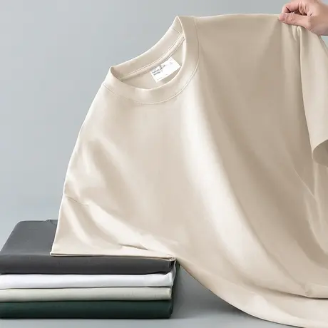 美式285g重磅纯棉t恤男士短袖夏季落肩款五分袖宽松全棉纯色半袖商品大图