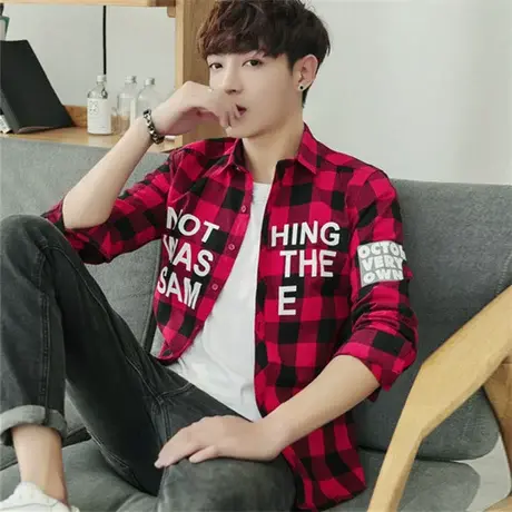 格子长袖衬衫男士青少年韩版修身潮流寸衣学生春秋季衬衣服外套商品大图