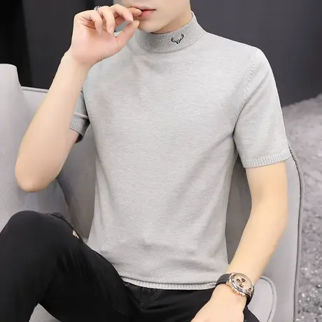 2025秋冬季新款男士半高领刺绣针织短袖T恤潮流半袖毛衣打底小衫商品大图