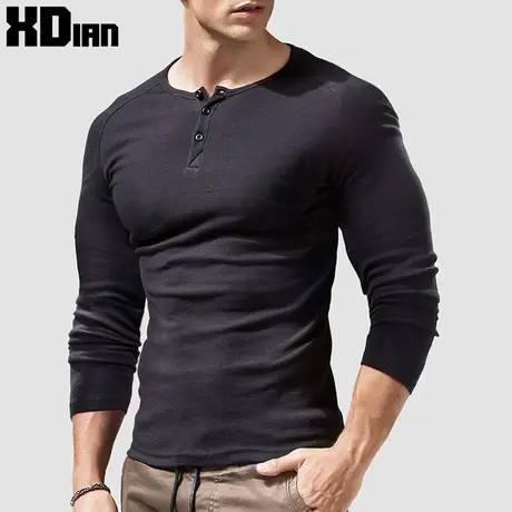亨利衫男长袖t恤亨利领美式复古重磅运动健身修身螺纹纯棉打底衫商品大图