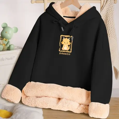 黑色国潮龙年卫衣女秋冬加绒加厚冬季2023新款女装羊羔绒冬装上衣图片