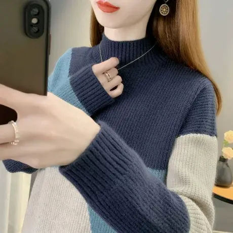 秋冬女士毛衣打底衫上衣套头宽松长袖针织半高领厚2023年新款内搭商品大图