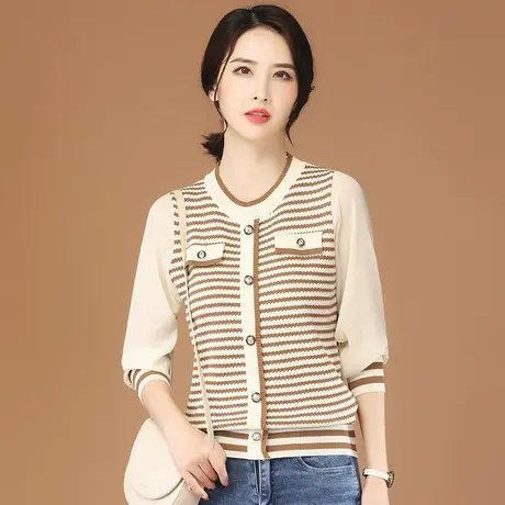 韩潮袭人圆领长袖条纹休闲针织衫女2024春季新款拼接雪纺上衣薄图片
