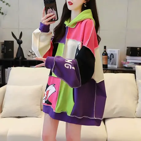 加绒加厚拼接连帽卫衣外套女2023新款秋冬宽松慵懒风欧版大码上衣图片