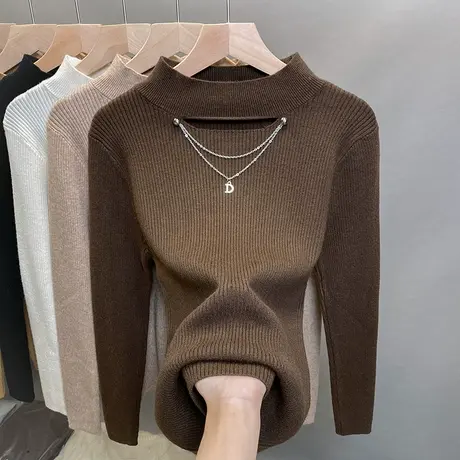 半高领毛衣女镂空打底衫2023秋冬新款套头外穿针织衫修身内搭上衣商品大图