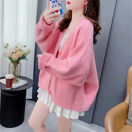 温柔风粉色V领针织开衫女2023年春秋新款宽松慵懒风百搭毛衣外套图片