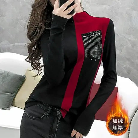 加绒加厚打底衫女秋冬小高领重工烫钻T恤女长袖时尚撞色洋气上衣商品大图