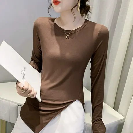 时尚不规则开叉T恤女长袖秋装洋气中长款上衣修身显瘦内搭打底衫商品大图