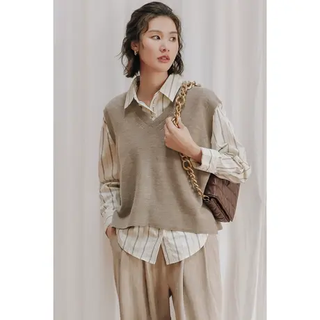 弥古后背开叉针织衫马甲女春秋叠穿无袖宽松外搭小坎肩背心设计感商品大图