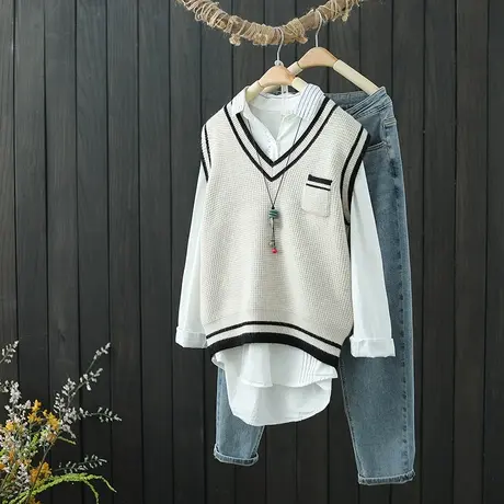 文艺范套头马甲女装休闲背心坎肩春季新款V领针织衫无袖毛衣马夹图片