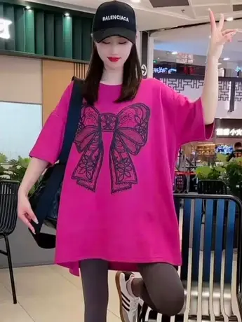 夏季大码时尚洋气减龄蝴蝶短袖t恤裙女下衣失踪中长款宽松休闲T恤商品大图