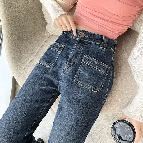 欧货阔腿牛仔裤女个性2023年新款秋冬高腰复古宽松前口袋直筒长裤图片