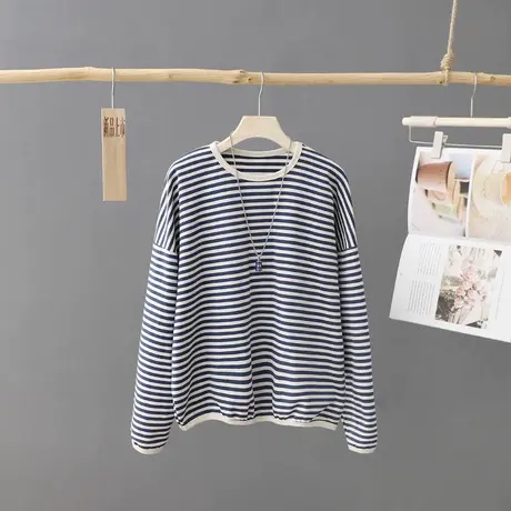 复古港风条纹长袖t恤女春装2023新品圆领套头短款体恤打底上衣商品大图