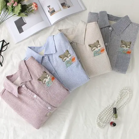 秋冬新款加绒条纹衬衫女长袖学生休闲学院风刺绣打底加厚保暖衬衣商品大图