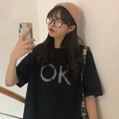 网红超火ins短袖黑色t恤女原宿风百搭宽松韩版少女感chic港味上衣图片
