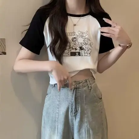 纯棉插肩短袖T恤女夏季百搭韩版修身显瘦洋气减龄半袖上衣服潮ins商品大图