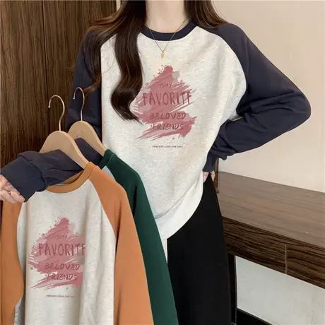 美式复古插肩长袖卫衣女春秋季宽松显瘦设计感小众撞色薄款上衣潮商品大图