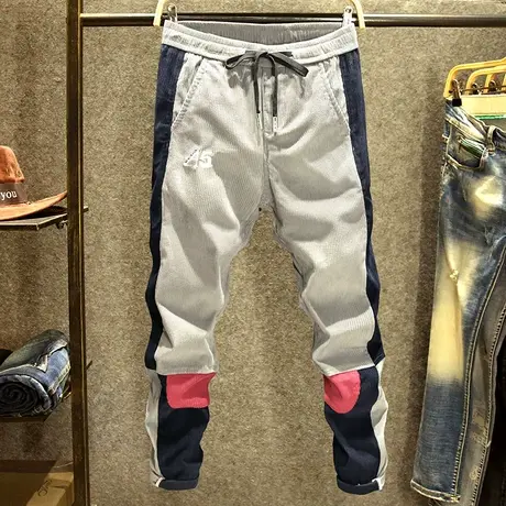 2023新款拼接休闲裤男韩版潮流百搭灯芯绒裤子高街刺绣潮牌秋冬季商品大图