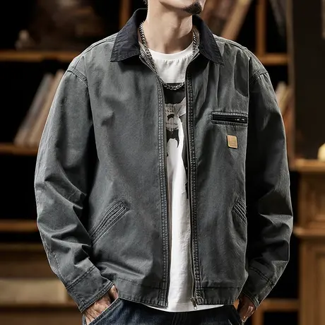 百搭斜纹精梳棉工装衬衣潮流复古外套青古铜拉链男春秋款外套男图片