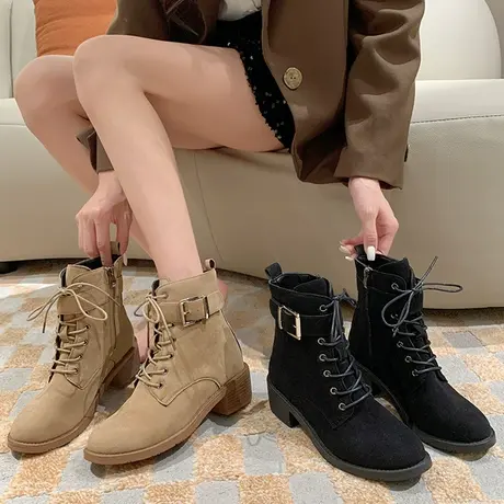 法式高跟短靴女秋冬2023新款绒面大码显瘦及裸靴切尔西机车马丁靴图片