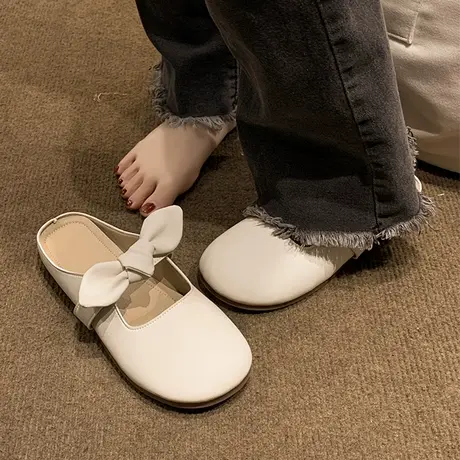 包头半拖鞋女春夏季外穿2023年新款网红珍珠蝴蝶结软底仙女风凉拖商品大图